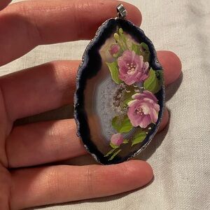 Hand-Painted Floral Agate Pendant